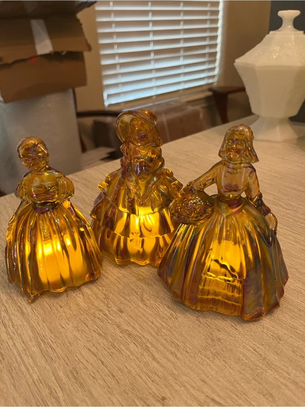 Vintage Wheaton Marigold Carnival Glass Ladies Fairy Lamp Trio